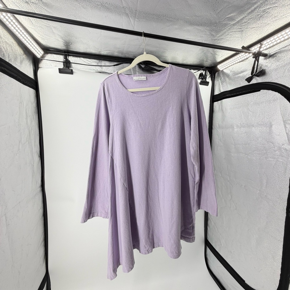 Bryn Walker‎ Lagenlook Purple Cotton Asymmetrical Hem Long Sleeve dress